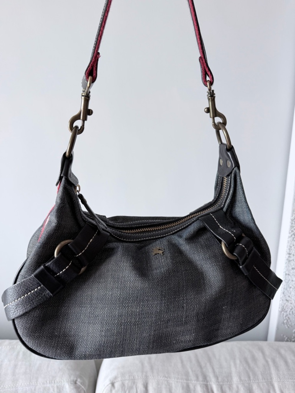 Burberry Blue Label Demin Shoulder Bag with Red Accent - Designer Style